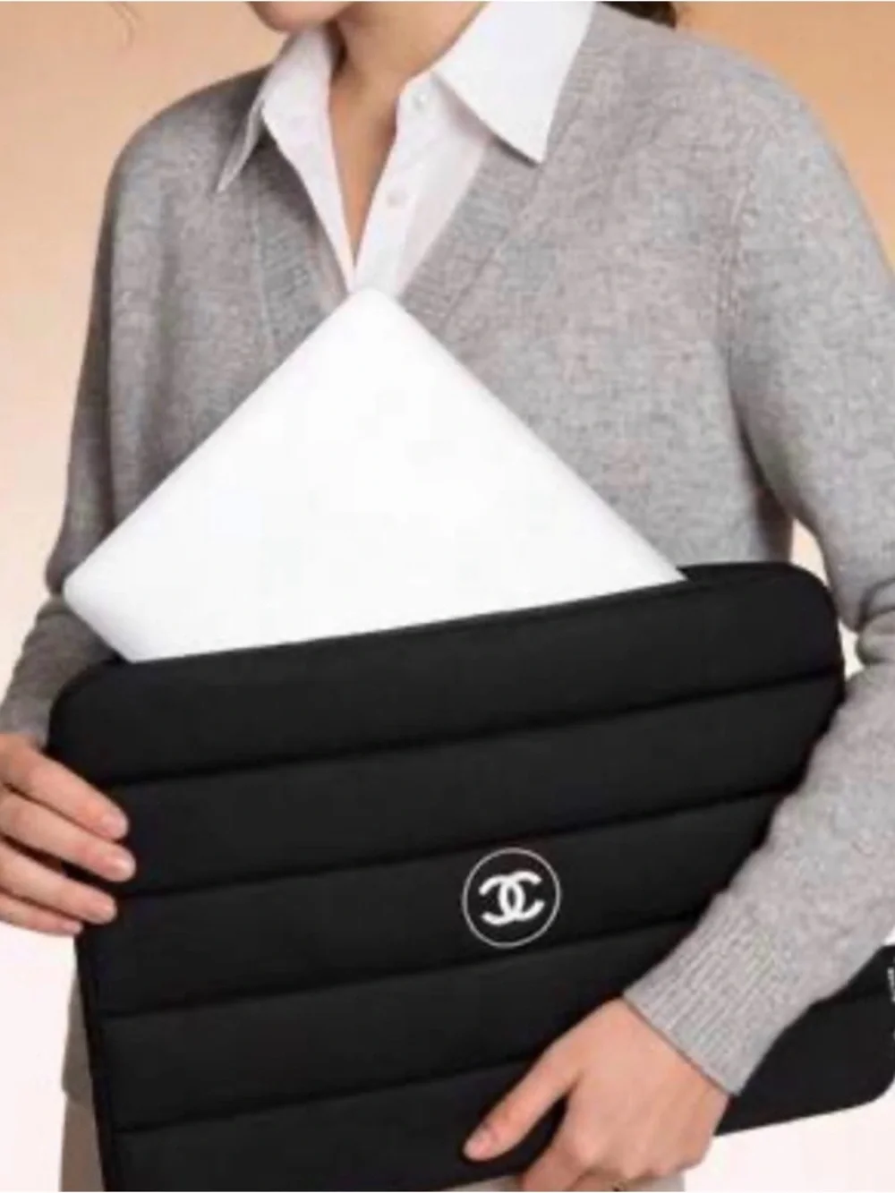 CHANEL Black Quilted Laptop Pouch with White CC Emblem - Picture 2 of 3